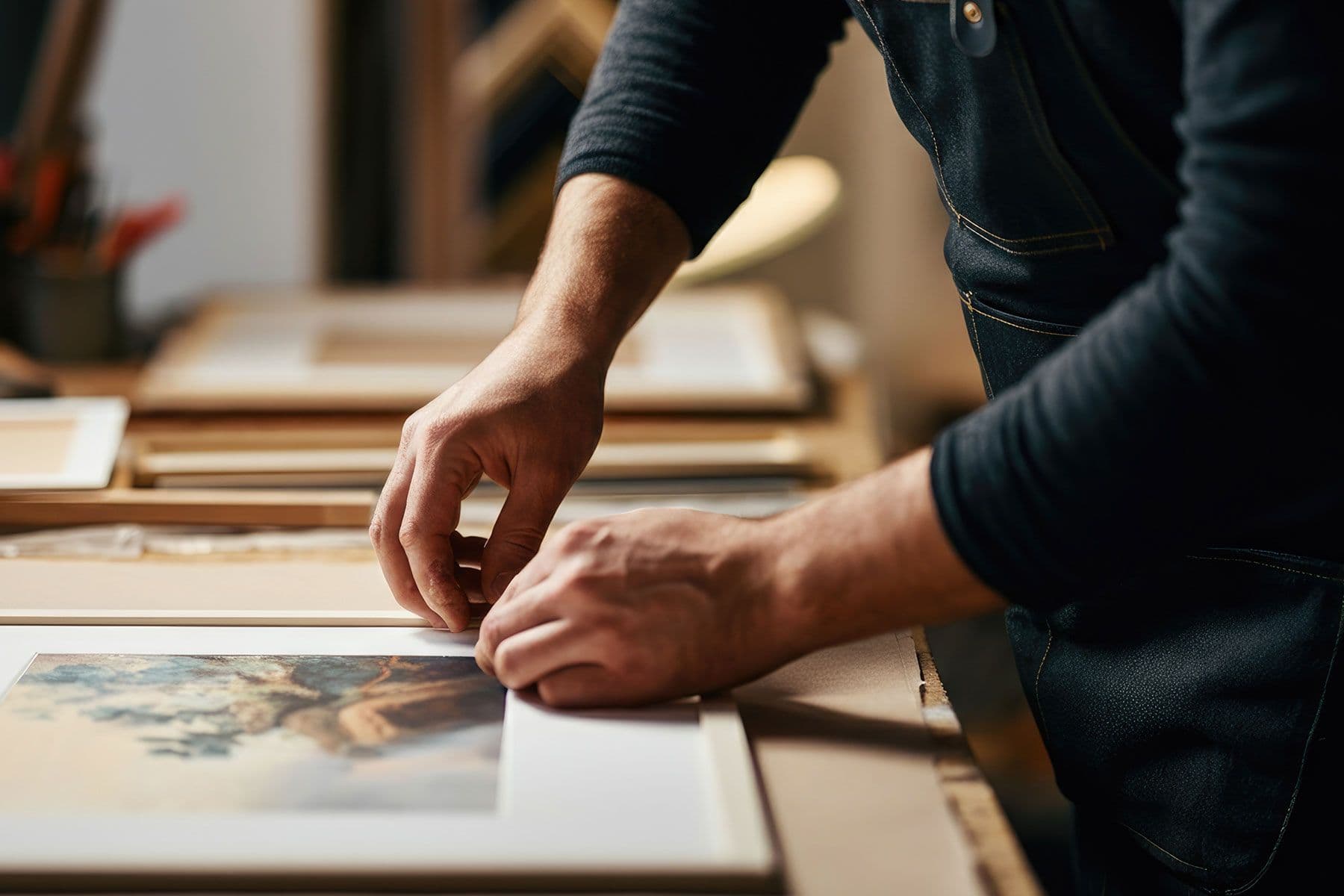 Artisan hands carefully joining and assembling a picture frame on a workshop bench